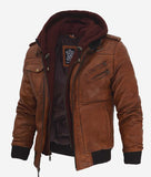 Edinburgh Mens Brown Leather Bomber Jacket With Removable Hood