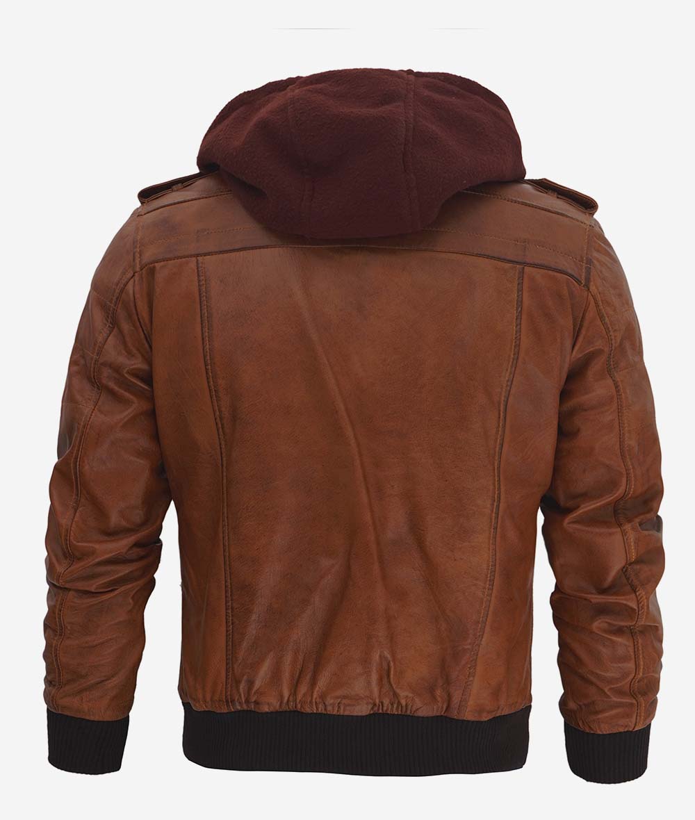 Edinburgh Mens Brown Leather Bomber Jacket With Removable Hood
