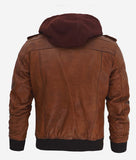 Edinburgh Mens Brown Leather Bomber Jacket With Removable Hood