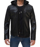 Dodge Mens Black Cafe Racer Leather Jacket With Removable Hood