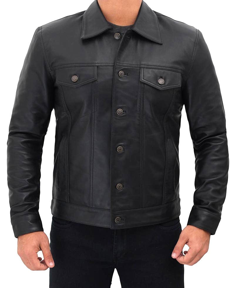 Mens Four Pocket Black Leather Trucker Jacket