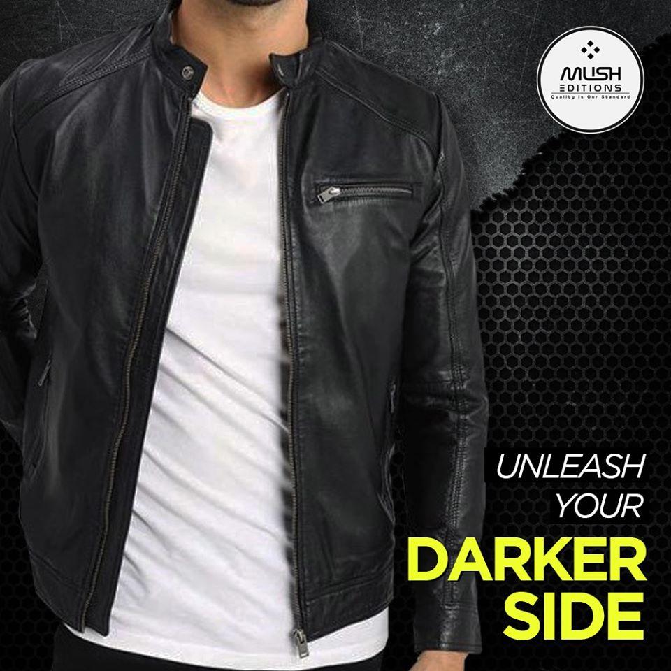 Men Black Collar Strap Leather Jacket - Leather Jacket