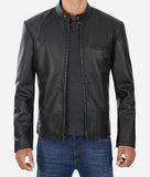 Black Snap Button Collar Cowhide Jacket Mens