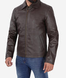 Mens Dark Brown Shirt Collar Cowhide Leather Jacket