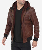 Edinburgh Mens Dark Brown Leather Bomber Jacket With Removable Hood