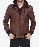 Edinburgh Mens Dark Brown Leather Bomber Jacket With Removable Hood