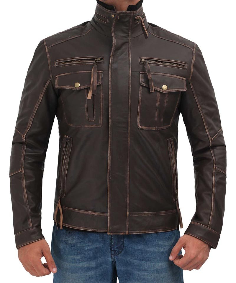 Mens Dark Brown Distressed Six Pocket Vintage Leather Jacket