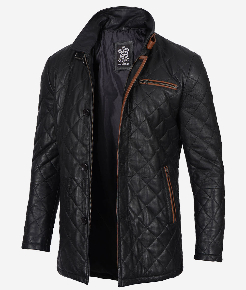 Black Diamond Quilted Leather Car Coat With Brown Detailing