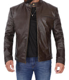 Mens Dark Brown Cowhide Leather Cafe Racer Jacket