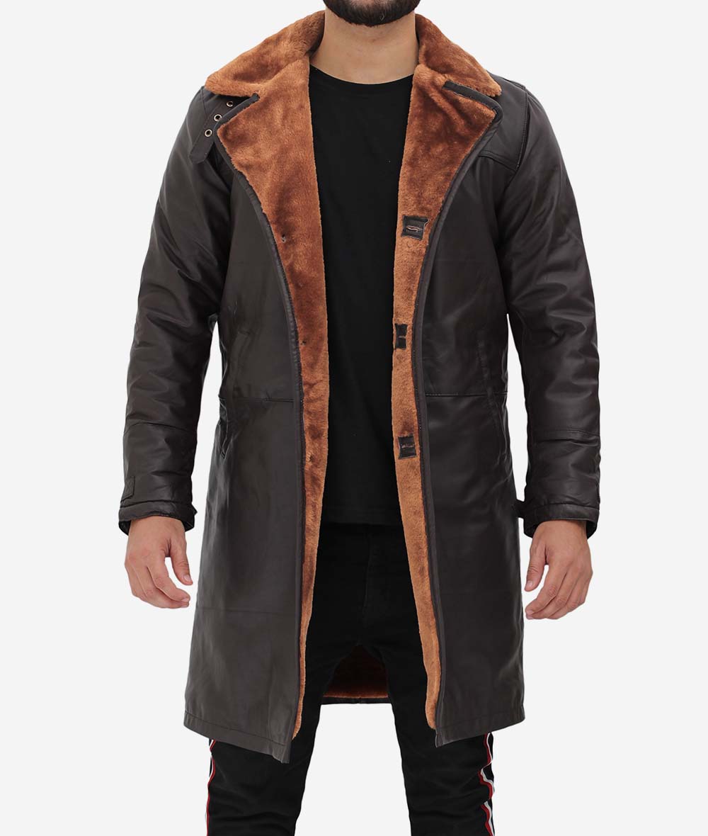 Dark Brown Leather Winter 3  4 Length Shearling Coat Mens