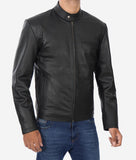 Black Snap Button Collar Cowhide Jacket Mens