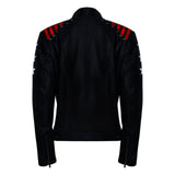 Stylish Black Leather Jacket with Red Stripes and Stars for Women - Women Leather Jacket - Leather Jacket