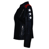 Stylish Black Leather Jacket with Red Stripes and Stars for Women - Women Leather Jacket - Leather Jacket