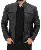 Black Mens Leather Cafe Racer Jacket with Snap Button Collar