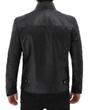 Black Mens Leather Cafe Racer Jacket with Snap Button Collar