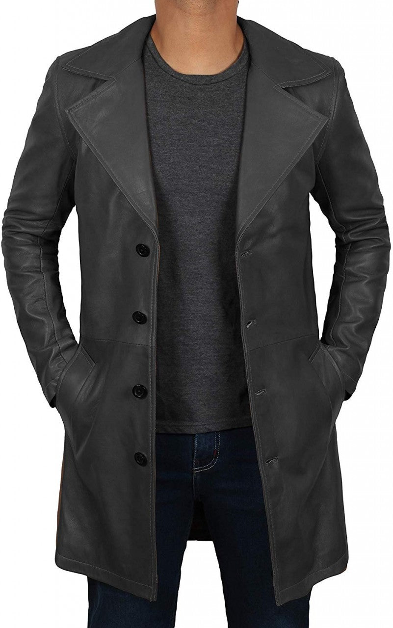 Mens Length Black Wide Collar Leather Coat – Musheditions