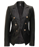 Kim Black Leather Blazer for Women  Double Breasted