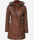 Brown Fur Coat Womens  Long Leather Coat With Fur Hood