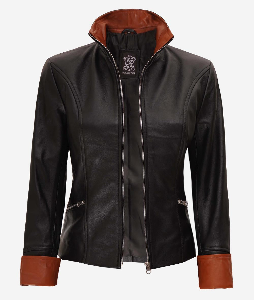 Black Fitted Leather Jacket Womens with Brown Detailing