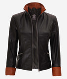 Black Fitted Leather Jacket Womens with Brown Detailing