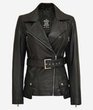 Asymmetrical Black Four Pocket Belted Moto Jacket