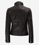 Black Fitted Leather Jacket Womens with Brown Detailing