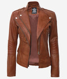 Brown Asymmetrical Fitted Leather Jacket  For Womens