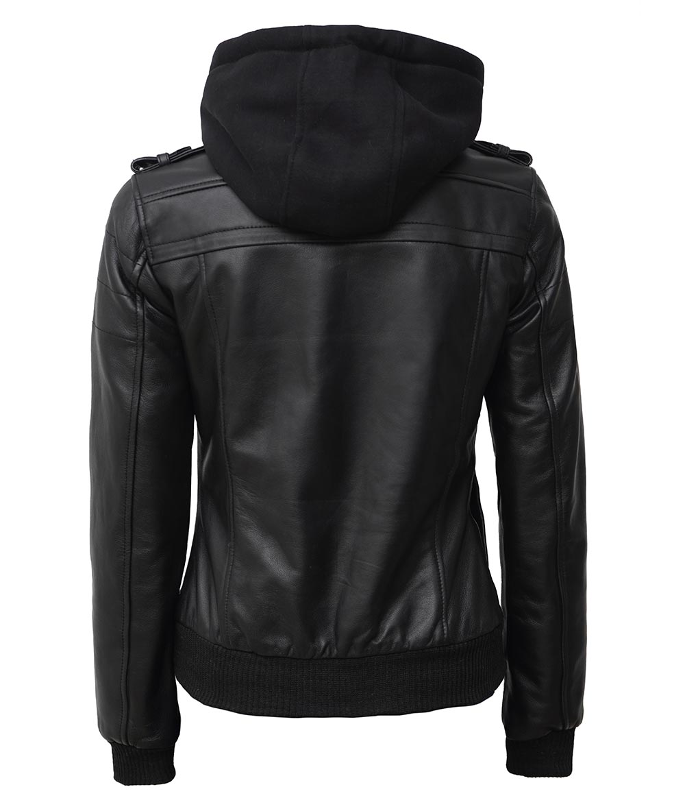 Black Bomber Leather Jacket  Womens Hooded Jacket