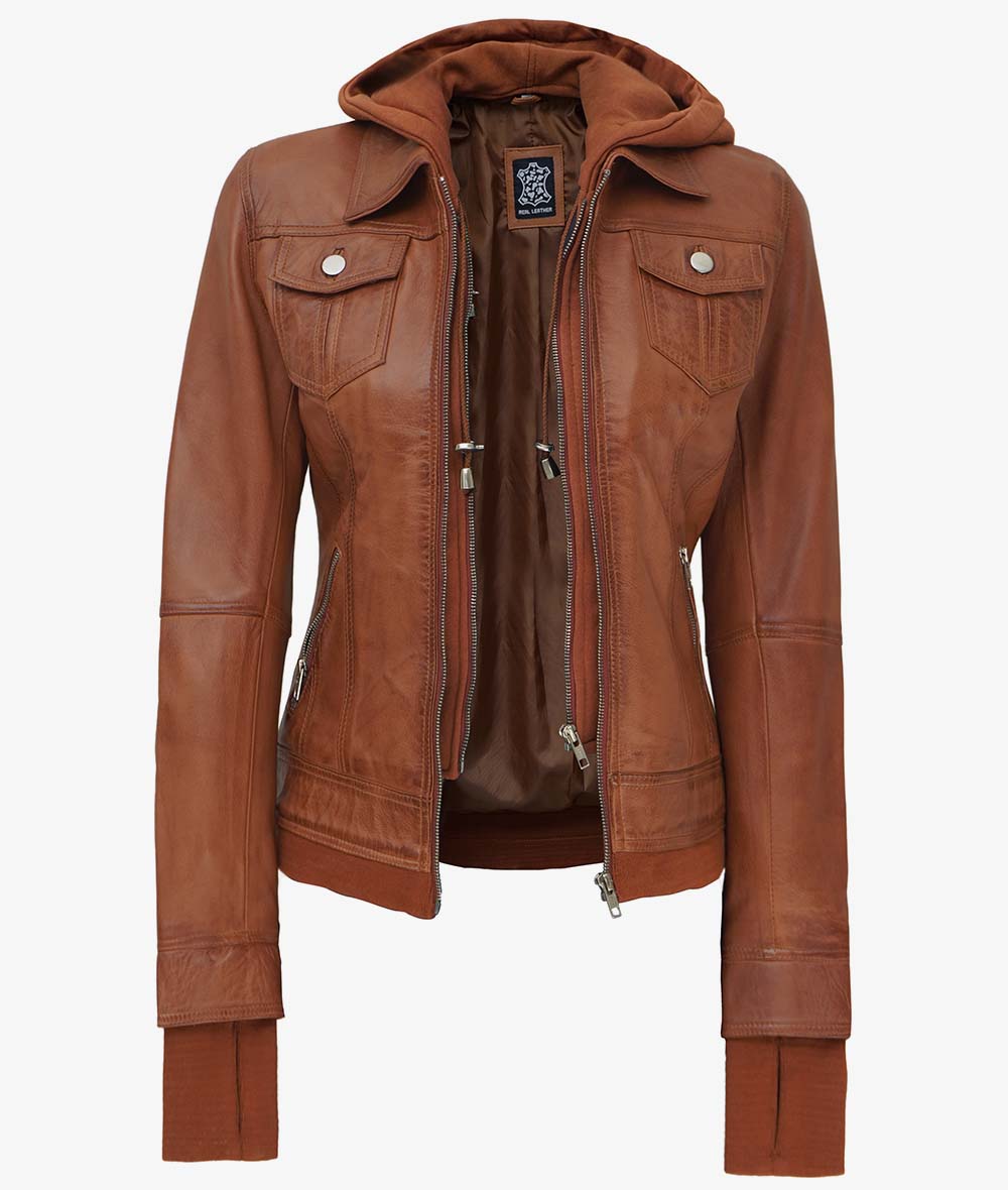 Brown Bomber Leather Jacket With Detachable Hood