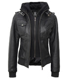 Black Bomber Leather Jacket  Womens Hooded Jacket