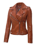Asymmetrical Leather Biker Jacket Women  Brown Leather